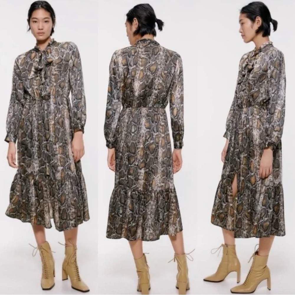 Zara Snake-Print Tie-Neck Midi Dress in Brown